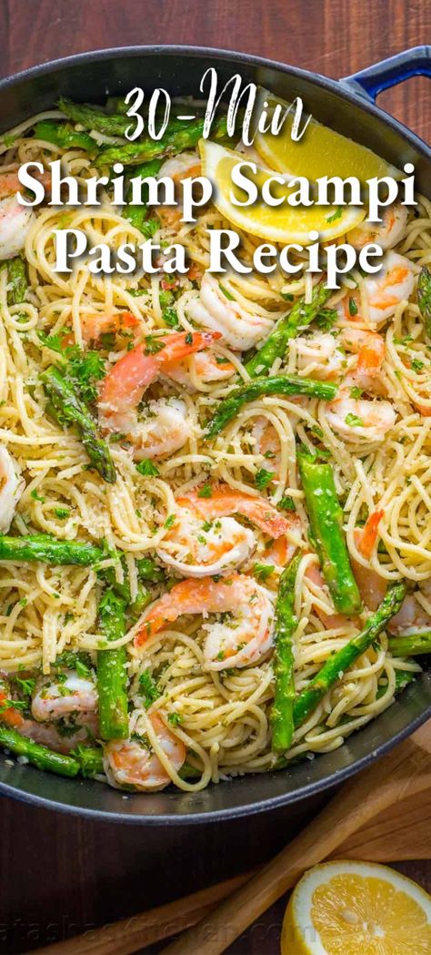 Shrimp Scampi Pasta with Asparagus has a lemon garlic and herb sauce that packs so much fresh and amazing flavor. A 30 minute shrimp scampi pasta recipe! Shrimp Asparagus Pasta Recipes, Dish With Shrimp, Shrimp Asparagus Pasta, Garlic And Herb Sauce, Classic Shrimp Scampi, Shrimp Scampi Pasta Recipes, Asparagus Pasta Recipes, Lemon Asparagus Pasta, Lemon Shrimp Pasta