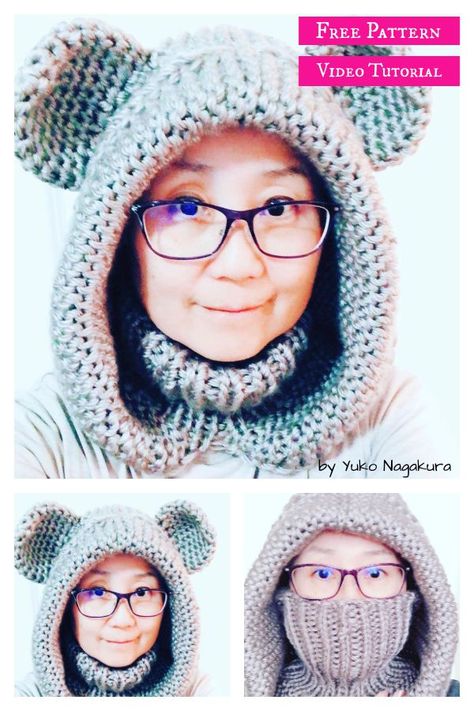 Neck and Face Hoodie Warmer Free Knitting Pattern and Video Tutorial Knitted Hoodie Pattern Free, Snood Knitting Pattern, Hooded Scarf Pattern, Crochet Scarf For Beginners, Knitted Mittens Pattern, Hand Knits, Crochet Neck Warmer, Crochet Hoodie, Baby Frock Pattern