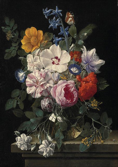 Nicolaes van Veerendael "Flowers in a glass vase, butterfly and beetle on a stone ledge" (17th century) | Flickr - Photo Sharing! Boho Prints, Flowers In A Vase, Illustration Blume, Flowers For You, Botanical Painting, A4 Poster, Arte Floral, Vintage Rose, Vintage Artwork