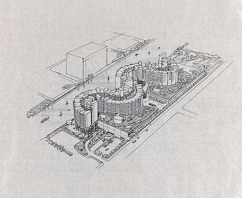 River City, Aerial Perspective | The Art Institute of Chicago Aerial View Perspective Drawing, Aerial Perspective Architecture, Aerial Perspective Drawing, Masterplan Presentation, Ariel Perspective, Perspective Techniques, Bertrand Goldberg, Presentation Drawing, Aerial Perspective