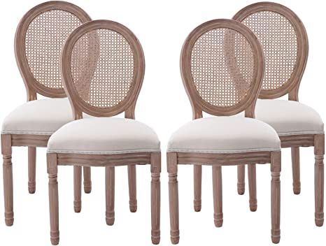 Amazon.com - Nrizc Farmhouse Fabric Dining Room Chairs Set of 4, French Chairs with Round Back, Rattan Dining Chair, Oval Side Chairs for Dining Room/Living Room/Kitchen/Restaurant - Chairs Country Dining Chairs, Country Style Dining Room, French Country Dining Chairs, Fabric Dining Room Chairs, Round Back Dining Chairs, French Dining Chairs, Dining Chairs Set Of 4, Farmhouse Chairs, French Country Dining