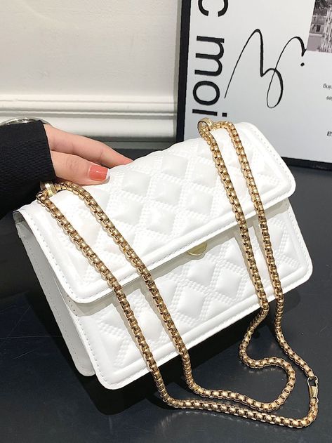 Bag For Love - Quilted Detail Flap Chain Square Bag  - Women Shoulder Bags Hand Bags For Women, Trendy Purses, Aesthetic Bags, Chain Pattern, Girly Bags, Trendy Handbags, Stylish Backpacks, Luxury Purses, Fancy Bags