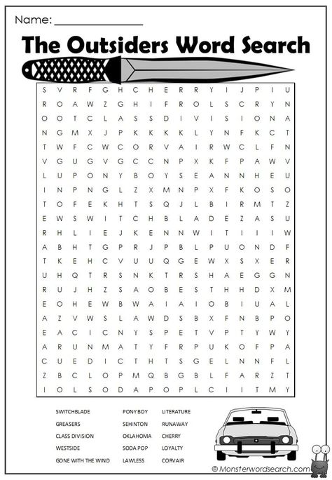 awesome The Outsiders Word Search The Outsiders Worksheets, The Outsiders Book Project, Outsiders Book, 8th Grade English, Cross Word, Free Printable Word Searches, Trip Games, Bob Books, 1980s Movies