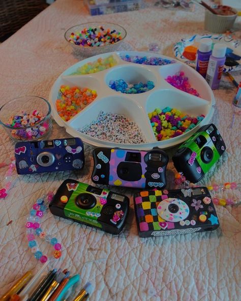 Decorating Disposable Camera, Disposable Camera Decorating, Girly Activities, Camping Sleepover, Craft Night Party, Arts And Crafts Aesthetic, Camera Crafts, Camp America, Camera Decor