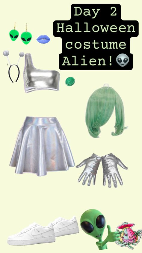 #day2 #alien #halloweencostume Alien Dance Costume, Alien Costume Ideas Diy, Diy Alien Costume Women Easy, Alien Costume Women Diy, Retro Alien Costume, Alien Girl Costume, Diy Alien Costume Women, Alien Diy Costume, Cute Alien Costume