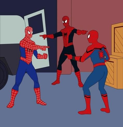 ComicBook.com on Instagram: “Drop your reaction in one emoji from this scene in #SpiderManNoWayHome 👇⁠ ⁠ (via @heroic_comics⁠)” Three Spiderman Pointing At Each Other, Spider Man Trio Pfp, Us In Another Universe Trio, Multiple Spiderman, The 3 Spiderman, 3 Spiderman Pointing, Movie Trios, Two Spiderman, Spiderman Trio