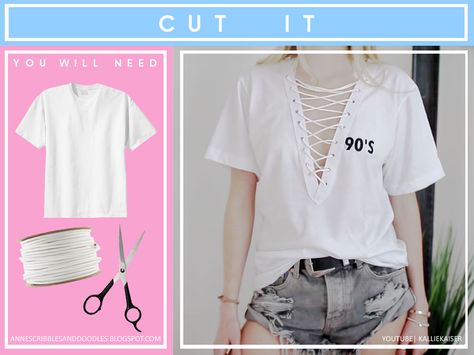 How To Make A Lace Up Shirt, Diy V Neck T Shirt, Diy Lace Up Shirt, Diy Lace Up, Old Clothes Diy, Shirt With Chains, Recycle Old Clothes, Laced Up Shirt, Tie Shoelaces