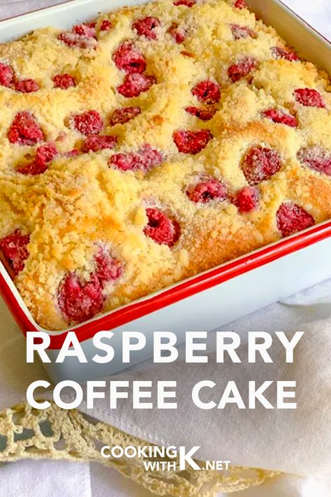 Raspberry Coffee Cake Served In A White Pan Raspberry Coffee Cake, Raspberry Breakfast, Raspberry Coffee Cakes, Raspberry Coffee, Blueberry Coffee Cake, Coffee Cake Recipe, Scrumptious Food, Quick Easy Desserts, Afternoon Snack