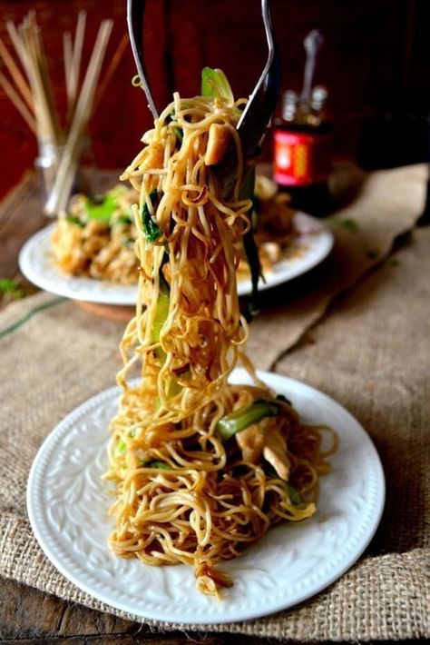 Chicken Pan-Fried Noodles (Gai See Chow Mein) Fried Noodles With Chicken, Cantonese Noodles, Pan Fried Noodles, Noodles With Chicken, Yummy Noodles, Dessert Sushi, Brown Chicken, Chicken Sauce, Woks Of Life