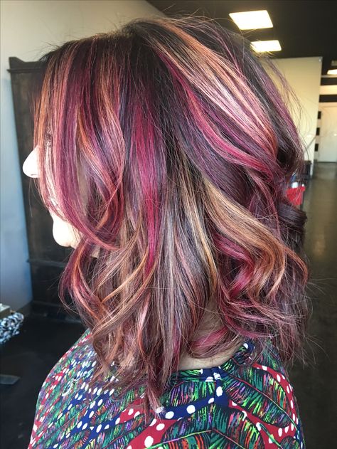 Multidimensional hair color. Balayage. Red highlights. Blonde highlights. Red Violet Blonde Hair, Copper Purple Balayage, Hair Color Balayage Red, Red Highlights Blonde, Multidimensional Hair Color, Purple Tinted Hair, Hair Color Red Highlights, Balayage Red, Dimensional Hair