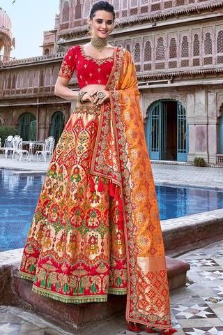 Lehenga Choli Latest, Orange Lehenga, Indian Lehenga Choli, Bridal Lehenga Collection, Lehenga Online, Choli Designs, Lehenga Choli Online, Neck Deep, Lehenga Collection