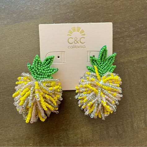 Brand New Never Worn C&C California Beaded Pineapple Earrings. For Pierced Ears. Sold Out. Great For Summer. Beaded Pineapple, California Jewelry, Hair Earrings, Pom Pom Earrings, Pineapple Earrings, Boho Feathers, Beaded Tassel Earrings, Floral Hoops, Silver Ear Cuff