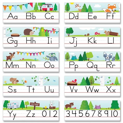 Friends Alphabet, Manuscript Alphabet, Forest Theme Classroom, Camping Classroom Theme, Woodland Classroom, Forest Classroom, Woodland Alphabet, Camping Classroom, Alphabet Line