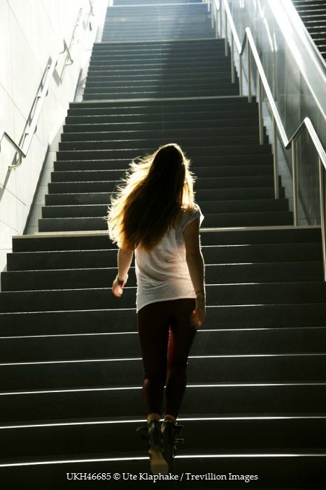 Ute Klaphake GIRL RUNNING UP STAIRS Women Walking Up Stairs Photography, Walking Photo Poses, Person Going Up Stairs, Running Up Stairs, Walking Stairs, Running Girls, Walking Up Stairs, Stair Art, Weight Motivation