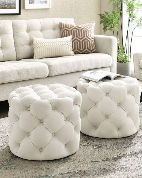 Inspired Home Quilted Linen Ottoman Round Tufted Ottoman, Linen Ottoman, Glam Furniture, Bat Cave, Classy Bedroom, Trendy Furniture, Modern Ottoman, Velvet Ottoman, Ottoman Design