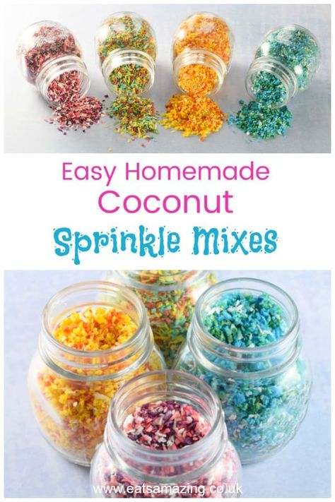 Super easy DIY coconut sprinkle mixes for cake decorating and fun food - with 5 fun colour mix ideas they make great sugar free healthy sprinkles for kids #sprinkles #funfood #foodart #edibleart #cakedecorating #cookingwithkids #rainbowfood #partyfood #kidsfood #healthykids #rainbow #coconut Healthy Sprinkles, Cake Decorating For Kids, Diy Sprinkles, Sprinkles Recipe, Diy Coconut, Fairy Bread, Cooking With Coconut Oil, Rainbow Food, Kids Party Food