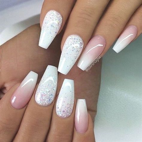 Marry Nails, French Fade Nails, White With Glitter, Faded Nails, Coffin Nails Ombre, French Fade, Nails With Glitter, Unghie Sfumate, Nails Ombre