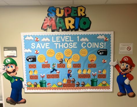 Mario Bulletin Board Ideas, Zelda Classroom Theme, Super Mario Bros Bulletin Board Ideas, Super Mario Bros Bulletin Board, Super Mario Bulletin Board Ideas, Mario Kart Bulletin Board, Level Up Bulletin Board Ideas, Super Mario Bulletin Board, Video Game Bulletin Board