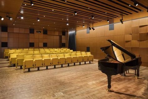 Steinway Hall, Selldorf Architects, performance hall, auditorium, yellow chairs, piano, wood panels, acoustics Auditorium Design, Design Strategies, Conference Hall, Acoustic Design, Acoustic Wall, Wallpaper Magazine, High Rise Building, Wooden Design, Design Strategy