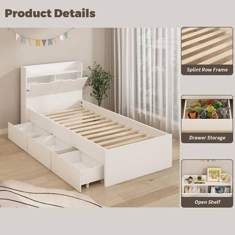 Twin Bed Platform, Platform Bed Storage, White Platform Bed, Horse Bedroom, Bed Frame With Drawers, Headboard With Lights, Bed Platform, Bed Frame Design, Twin Platform Bed