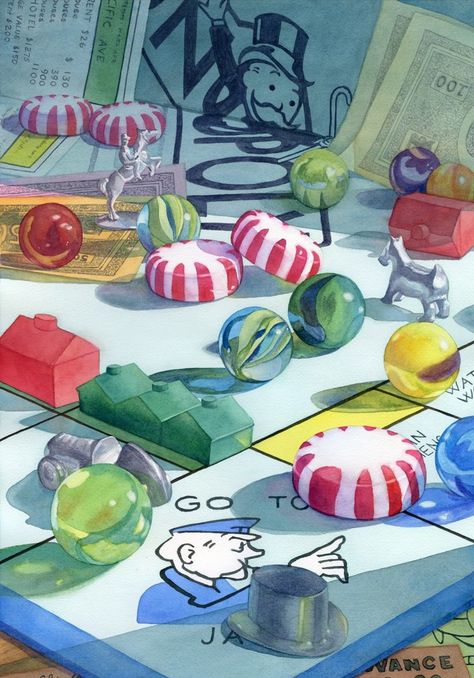 Fun and Games © Lorraine Watry Ap Art Portfolio Themes, Ap Art Portfolio, Colorado Watercolor, Monopoly Art, Women Watercolor, Nostalgia Art, 11th Grade, Art 2024, Candy Art