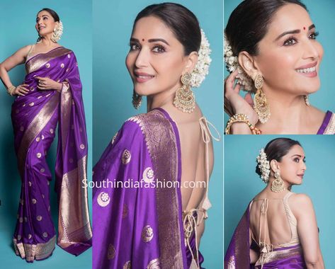 Madhuri Dixit Saree Blouse Design, Bollywood Silk Saree, Jewellery On Purple Saree, Madhuri Saree Look, Jewellery For Purple Saree, Saree And Gajra Look, Kanjivaram Saree Hairstyle, Purple Sarees With Contrast Blouse, Purple Saree Look Traditional