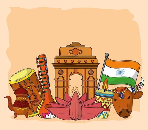 Indian culture concept Premium Vector | Premium Vector #Freepik #vector #india-gate #india-culture #indian-monuments #india-monuments Different Cultures Of India, Indian Culture And Heritage Drawing, Indian Culture Drawing Ideas, Cultural Paintings Indian, Rangoli On Indian Culture, Drawing On Indian Culture, India Culture Poster, Indian Heritage Poster, India Culture Drawings