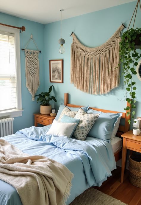 Light Blue Boho Bedroom Boho Bedroom On A Budget, Light Blue Boho Bedroom, Blue Boho Bedroom Ideas, Blue Boho Bedroom, Painted Planters, Thrifted Furniture, Boho Bedroom Decor Ideas, Relaxed Aesthetic, Bedroom On A Budget