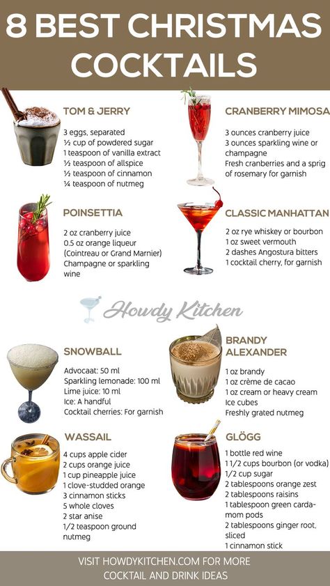 A festive guide showcasing Christmas cocktails like Cranberry Mimosa and Brandy Alexander, Cranberry Mimosa with colorful garnishes and rich holiday flavors, perfect for seasonal celebrations. Christmas Wedding Cocktails, Holiday Themed Cocktails, Xmas Drinks Christmas Cocktails, Simple Christmas Cocktails, Easy Christmas Cocktails Recipes, Ornament Drinks, Mocktail Christmas, Alcoholic Christmas Drinks, Christmas Holiday Drinks