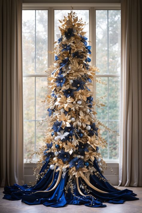 Elevate Your Holidays: Embracing the Blue, White, and Gold Christmas Tree Trend – A Sparkly Life for Me Royal Blue And Gold Christmas Decor, Blue And Gold Christmas Tree, Christmas Ceiling, Blue And Gold Christmas, Christmas Banquet, White And Gold Christmas, Blue Christmas Tree Decorations, Glam Christmas Tree, Christmas Tress