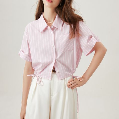 Faster shipping. Better service Cropped Shirt Outfit, Pink Xmas, Cropped Shirt, Pink And White Stripes, Unique Shirt, Crop Blouse, Pink Stripes, Crop Shirt, Easy Wear