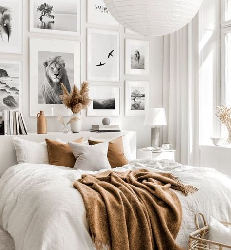 white bedroom with wall art gallery dried flowers and brown and brown decoration White And Brown Bedroom, Feng Shui Your Bedroom, Wanaka Tree, Design Ložnic, Majestic Lion, Gallery Wall Inspiration, Stunning Interior Design, Best Sleep, Brown Bedroom