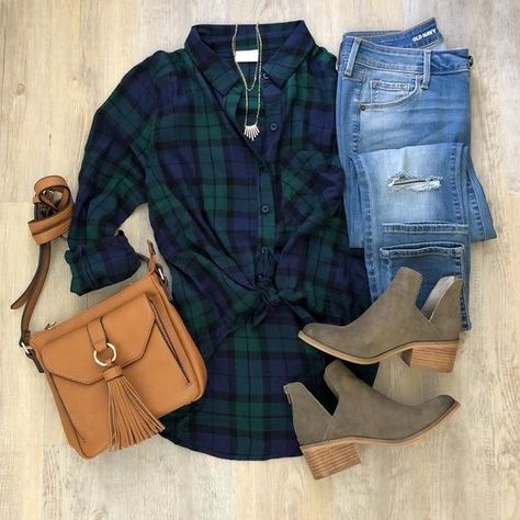 {Fall Look: Plaid & Booties} // Nothing beats a lightweight plaid shirt for fall ~ warm or cool, a lightweight version is easy to layer or wear by itself with jeans, shorts, or even a skirt at work. My plaid shown here is only $25, comes in #F3 colors, and can be worn down or tied in the front as shown (it's a little longer in the back, but not tunic-y). Outfit details on the blog. #ShopStyle #shopthelook #FallStyle #MyShopStyle #Nordstrom #NordstromRack #Flatlay #Fl... Boots And Jeans Outfit, Plaid Shirt Outfit, Jeans Outfit Fall, Boots And Jeans, Casual Fashion Trends, Trendy Boots, Outfit Jeans, Shirts Ideas, Outfit Fall