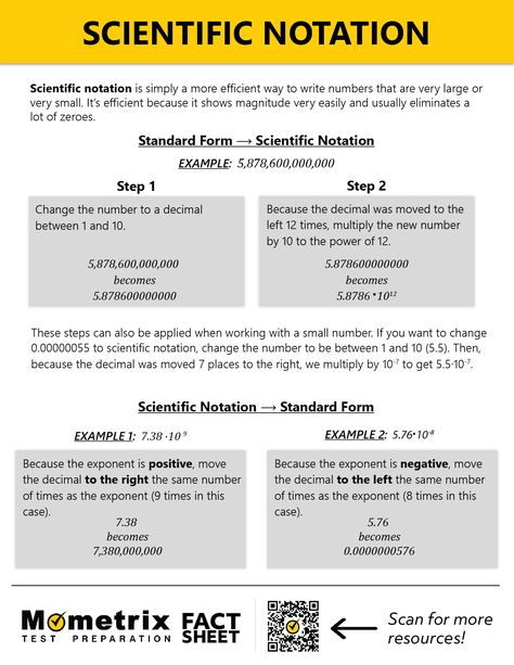 Scientific notation is simply a more efficient way to write numbers that are very large or very small. Learn more about scientific notation. Scientific Notation Anchor Chart, Scientific Notation Notes, Standard Form Math, Praxis Core, Negative Exponents, Math Made Easy, Physics Formulas, Math Charts, Scientific Notation