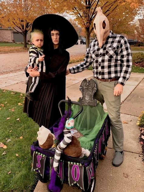 Adam’s Family Costumes Family, Kids Beetlejuice Costume Diy, Family Halloween Costumes With Stroller, Halloween Costumes Ideas For Family Of 3, Family Beetlejuice Halloween Costumes, Bettle Juice Family Costumes, Beetlejuice Family Costume Halloween, Baby Wagon Halloween Costume, Family Costumes With Toddler