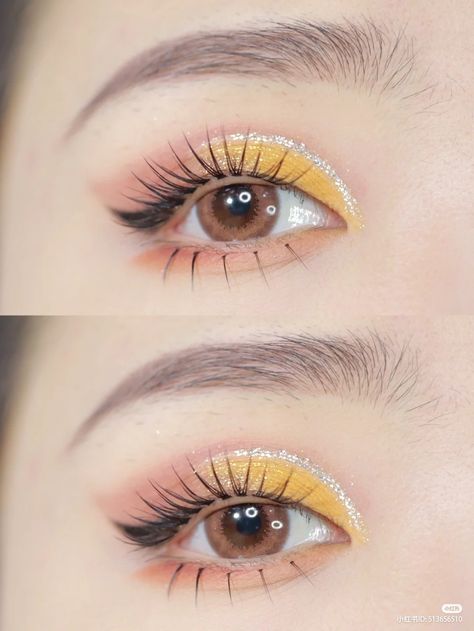 Yellow Glitter Eye Makeup, Korean Yellow Makeup, Pink Yellow Eye Makeup, Light Yellow Makeup Looks, Light Yellow Makeup, Yellow Douyin Makeup, Pink And Yellow Makeup Looks, Pastel Yellow Makeup, Yellow Make Up