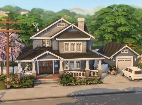 Sims 4 House Garage, Sims 4 Garage Ideas, Sims 4 Craftsman, Sims 4 Craftsman House, Suburban House Sims 4, Newcrest Sims 4, Suburban House Layout, Sims 4 Suburban House, Sims 4 Newcrest Map Ideas