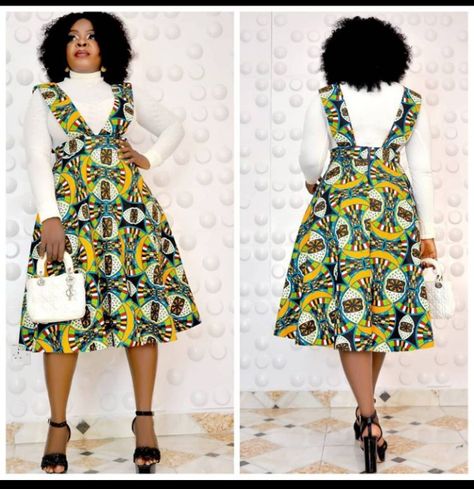 Ankara Pinafore Dress Outfit, Ankara Pinafore Styles, Ankara Pinafore, Pinafore Dress Outfit, Dashiki Clothing, Simple Dress Styles, Cute Maternity Dresses, African Attire Dresses, African Print Maxi Skirt