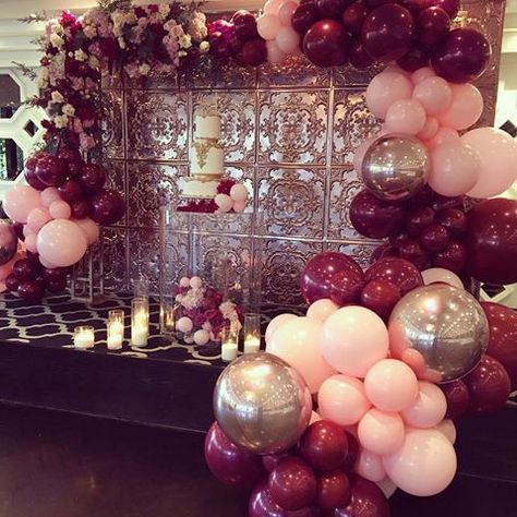 Soft Pink, Burgundy and Rose gold balloons with floral arrangement Baby Pink Birthday, Sweet 17, Rose Gold Balloons, Milestone Birthday, Gold Balloons, Pink Birthday, White Clouds, Birthday Bash, 21st Birthday