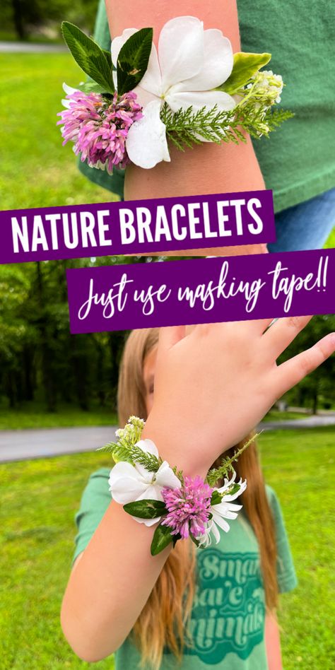 Check out this super simple nature walk bracelet that is so easy to make for kids of all ages. A fun way to explore while outdoors! #passion4savings #maskingtape #nature #flower #leaves #outdoor #activity #Project #DIY #fun Nature Bracelets Kids, Flower Bracelet Diy, Nature Walk Activities, Plant Swap, Homeschool Units, Nature Games, Leaves Bracelet, Babysitting Activities, Nature Hunt