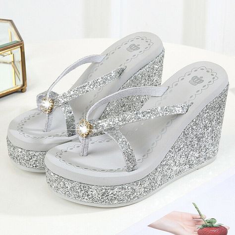 Product Description * Item :Womens Sequin Rhinestone Flip Flops Sandals Slippers Platform Beach Summer Shoes * Condition: 100% Brand New * Packaging: 1 pair shoes（Without accessories）                  Please note: 1.If your feet are wide, please order size up. 2.The color maybe a little difference because of the light,screen reflection etc.   Shipping 1. Your Item(s) will be shipped within 5-15 business days once payment received. 2. Standard shipping to US/UK,you may can get it in 10-20 Business days.   Standard Shipping for Airmail via Post Office 11-30 business Days Come(approximately within 30 days) ship to other country. 3.if you want faster shipping (Express,DHL or EMS),Please contact us. Contact Us We are doing eBay business in an HONEST manner. No cheating,only fair trading.Trust u Rhinestone Flip Flops, Slippers Platform, Heeled Flip Flops, Rubber Flip Flops, Platform Flip Flops, Women Platform Shoes, Summer Slippers, Super High Heels, Leather Slippers