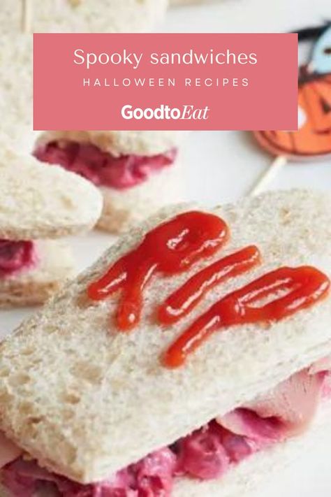 Spooky sandwiches are so simple to make with ham, beetroot coleslaw and ketchup and shaped into coffins. Perfect as part of a Halloween buffet spread. Healthy Halloween Party Food, Jelly Worms, Harvest Soup, Halloween Buffet, Halloween Party Food, How To Make Jelly, Bread Shaping, Healthy Halloween, Sweet Potato Soup