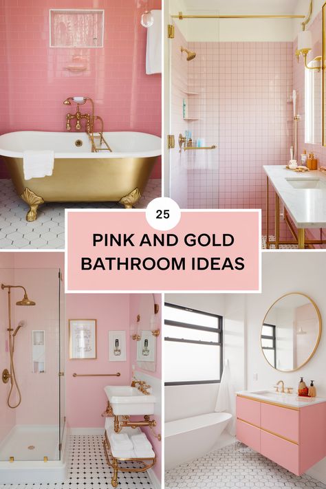 Embrace the pink and gold bathroom aesthetic for a luxurious and inviting space. Explore blush pink walls, gold faucets, and metallic accents. Discover pink tile designs, gold-framed mirrors, and rose gold hardware. Find inspiration for pink vanities, gold shower curtains, and delicate floral wallpapers. These pink and gold bathroom aesthetic examples will create a stylish and cohesive look. Pink Bathroom With Gold Fixtures, Pink Tile In Bathroom, Pink Bathroom Accents, Blush Pink Bathroom Walls, Pink Art Deco Bathroom, Pink White And Gold Bathroom, Gold Bathroom Aesthetic, Pink Tile Bathroom Makeover, Pink Gold Bathroom