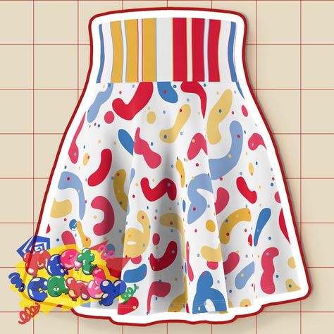 Super cute clowncore style primary color confetti skater skirt - a white above the knee skirt featuring an all over pattern of red, blue, and yellow confetti and small polka dots. The wide waistband has stripes in white and the same bright primary colors. Perfect for fans of clowncore, kidcore, Memphis style design, and bright bold patterns in general! Size chart in images Measurements may vary up to 1" due to manufacturing Colors may appear different in person, especially for bright and saturated colors If there is an error in printing or you received the wrong size, please contact me as soon as possible! 95% Polyester 5% Spandex Printed care label (no itchy tags!) Clowncore Kidcore, Memphis Style Design, Kidcore Clothes, Memphis Design Pattern, Yellow Confetti, Silly Clothes, Knee Skirt, Memphis Style, Memphis Design