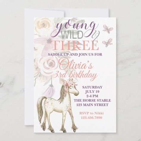 Pony birthday invitation young wild and three Zazzle Wild And Three Birthday Girl, Girl Horse Party, Wild And Three Birthday Party, Three Birthday Party, Young Wild And Three Birthday, 3rd Birthday Party For Girls, Horse Invitations, Third Birthday Girl, Pony Design