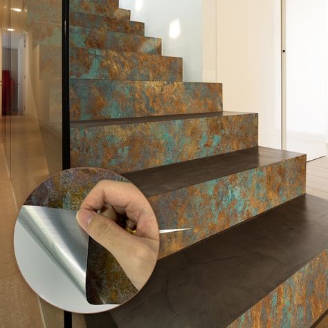 Glass Stair, Stair Decals, Stair Riser Decals, Stair Riser, Patina Copper, Metal Stairs, Hallway Stairs, Staircase Decor, Stair Case