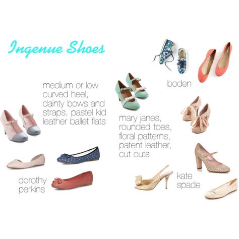 Ingenue Shoes by expressingyourtruth on Polyvore featuring Boden, Kate Spade and Dorothy Perkins Ingenue Shoes, Ingenue Accessories, Kibbe Romantic, Gamine Style, Soft Gamine, Leather Cuts, Soft Classic, Soft Summer, Mary Jane Flats