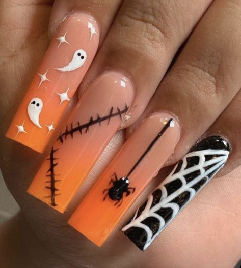 Black Halloween Nails, Horror Nails, Holloween Nails, Halloween Acrylic Nails, Cute Halloween Nails, Pumpkin Nails, Long Acrylic Nails Coffin, Acrylic Nails Coffin Short, Halloween Nail