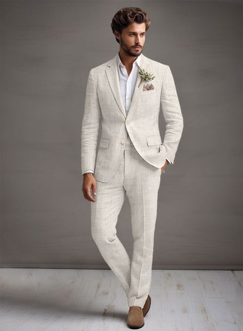 The box arrived in bad condition but the article works correctly. Groom Summer Wedding Attire, Creme Suit, Suits For Summer, Dinner Attire, White Linen Outfit, Summer Wedding Style, Linen Suits For Men, Tan Brogues, Beach Wedding Groom