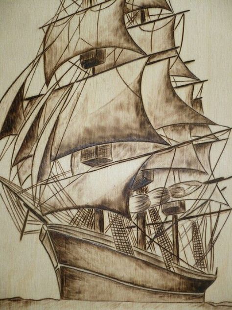 Wood burned ship Spanish Galleon, Wood Burning Patterns Stencil, Wood Burning Stencils, Ed Wood, Navi A Vela, Wood Burn Designs, Pyrography Patterns, Woodburning Projects, Pyrography Art